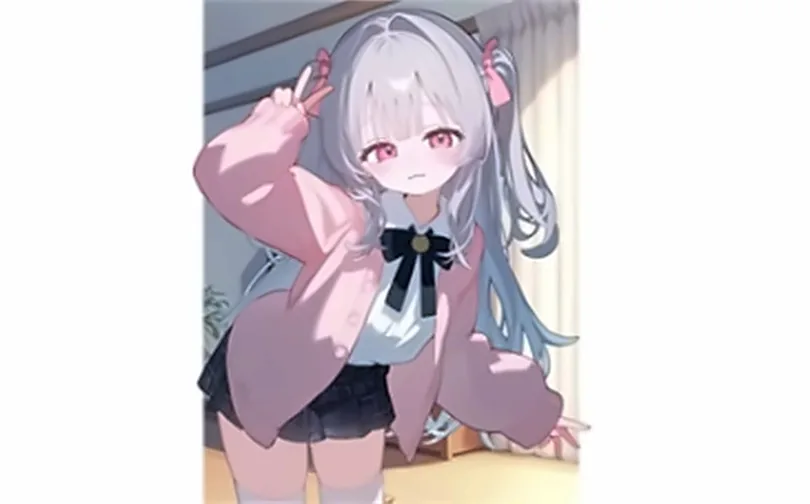 游戏画面：银发妹妹在门边比出剪刀手打招呼