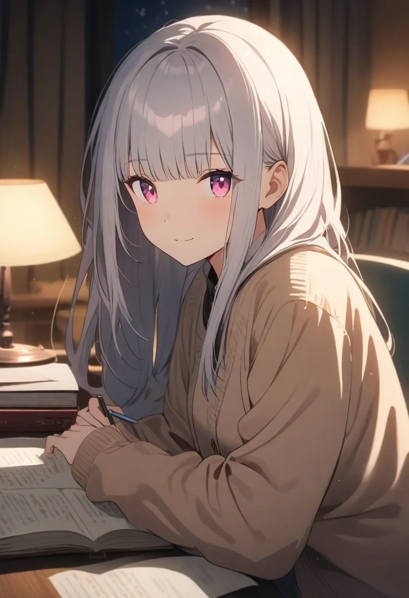 夜晚书桌前的妹妹