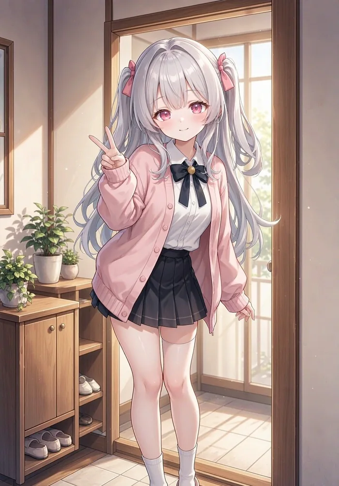 游戏画面：妹妹在门口比出剪刀手迎接你回家