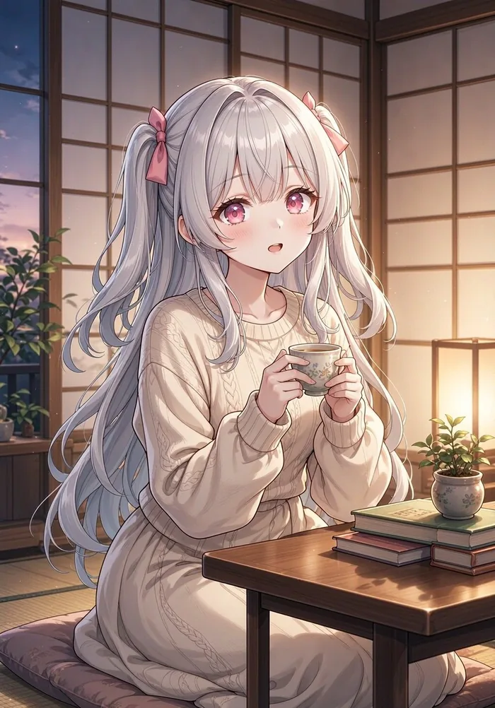 游戏画面：傍晚房间里捧着茶杯说话的剧情演出