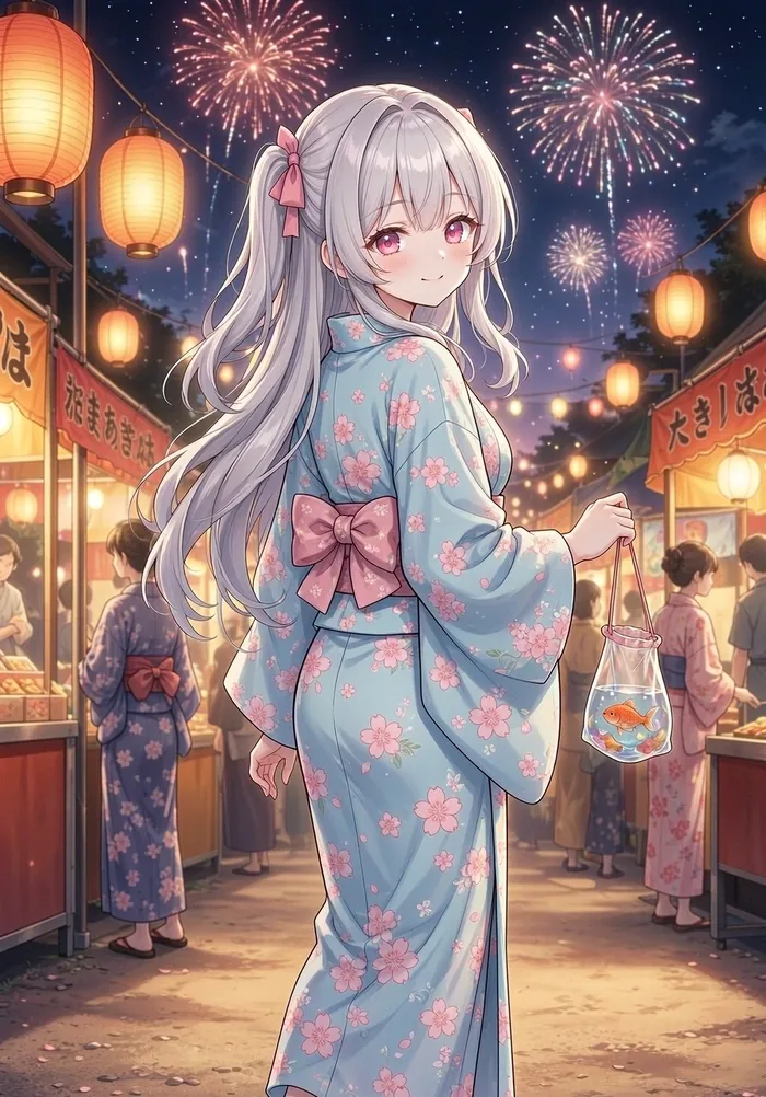 夏日祭夜市，浴衣与灯笼、烟花