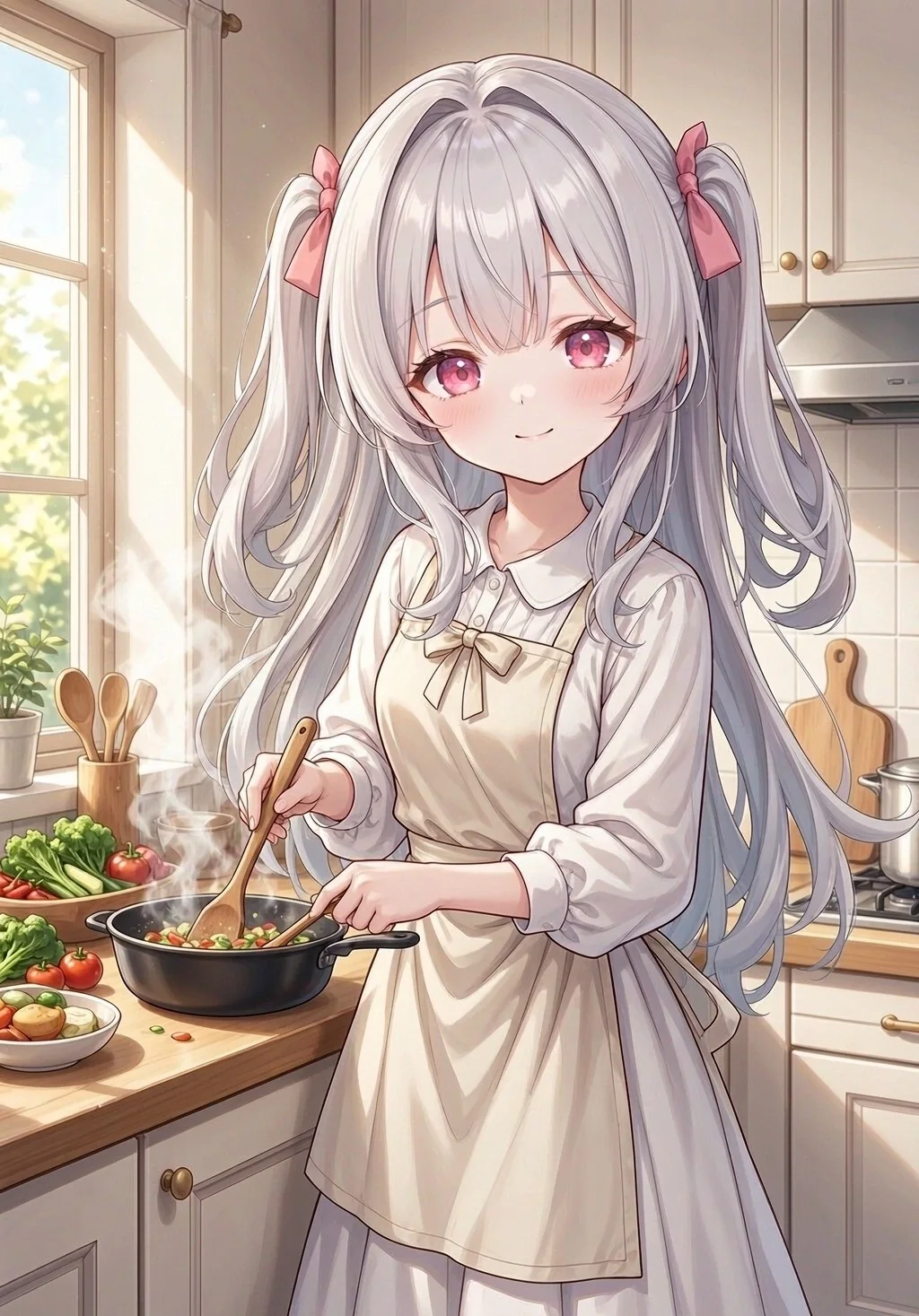 在厨房里做饭的妹妹，锅上冒着热气