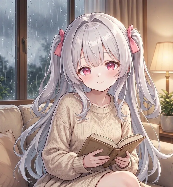 雨天裹着毛毯在沙发上看书，窗外下着雨