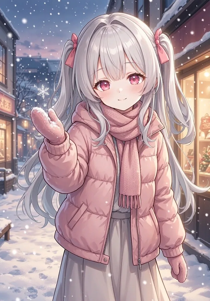 雪夜街头，粉色冬外套与围巾，接住一片雪花